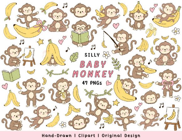 Download Kawaii Baby Monkey Clipart PNG Bundle - Bundle Collection
