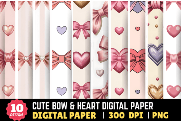 Download Cute Bow &amp; Heart Digital Paper Bundle - Bundle Collection