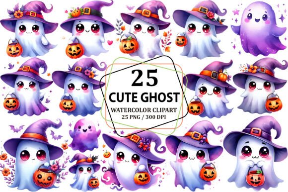 Download Watercolor Cute Ghost Clipart Bundle - Bundle Collection