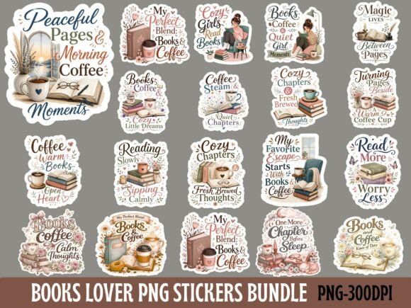 Download Books &amp; Coffee Lover Png Stickers Bundle - Bundle Collection